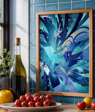 Futuristische digitale Kunst mit Astronaut und Roboterhand in lebhaften Blautönen