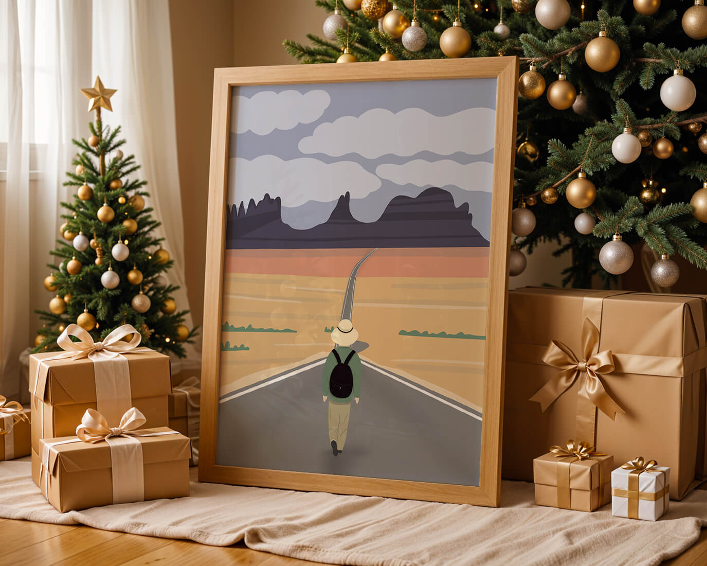 Traveler Walking on Endless Road Toward Mountains