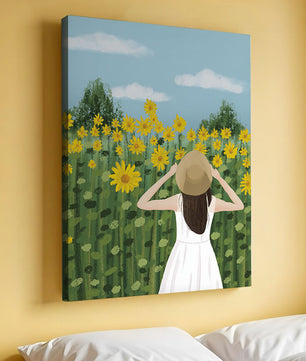 Mujer con vestido blanco admirando un campo de girasoles