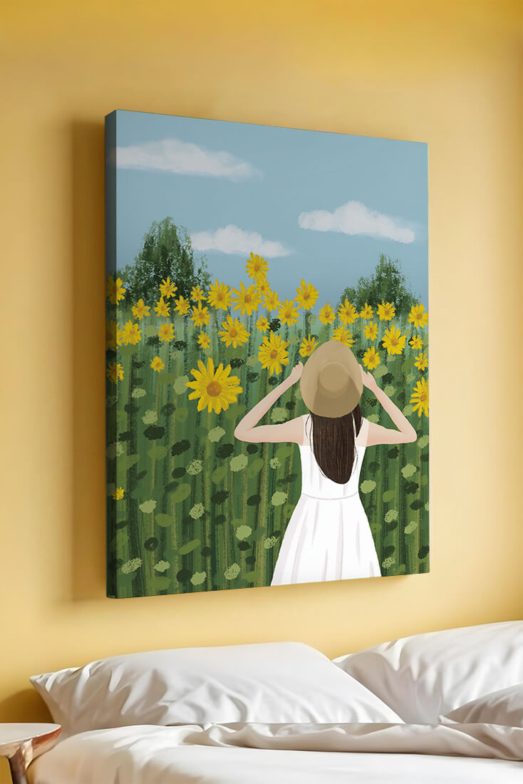 Mujer con vestido blanco admirando un campo de girasoles