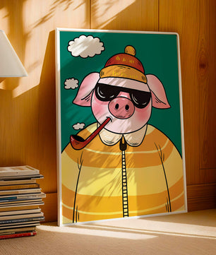 Cerdo elegante con gafas de sol y pipa contra un cielo turquesa