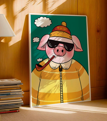 Stylish pig with sunglasses and pipe against a teal sky