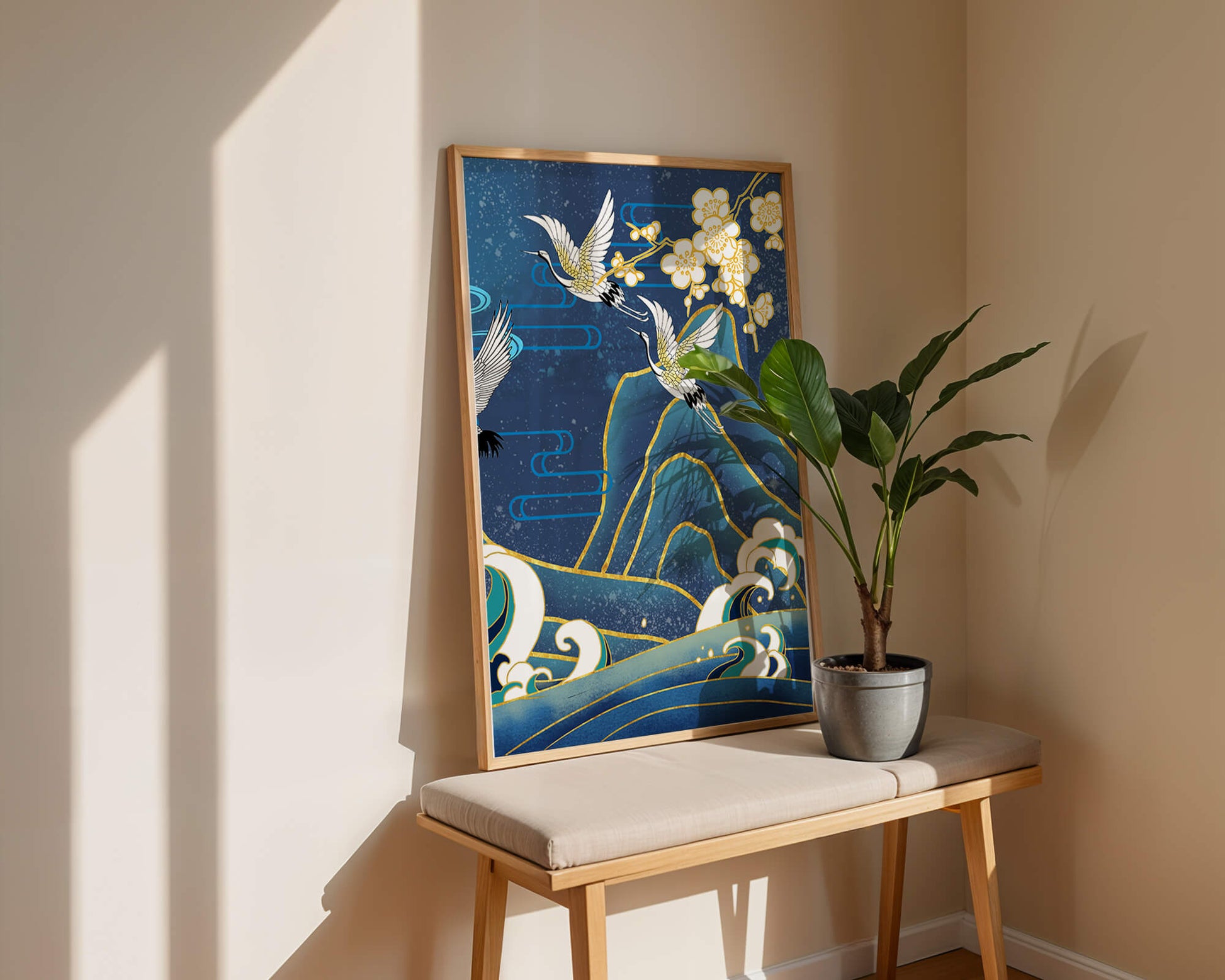 Elegant Cranes in Flight over Ocean Waves with Golden Accents and Blossoms