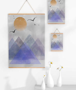 Abstract Mountain Landscape with Geometric Elements and Soaring Birds