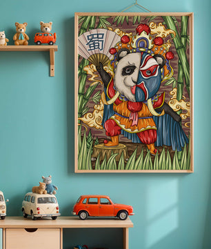 Colorful panda dressed in traditional Chinese opera costume surrounded by bamboo