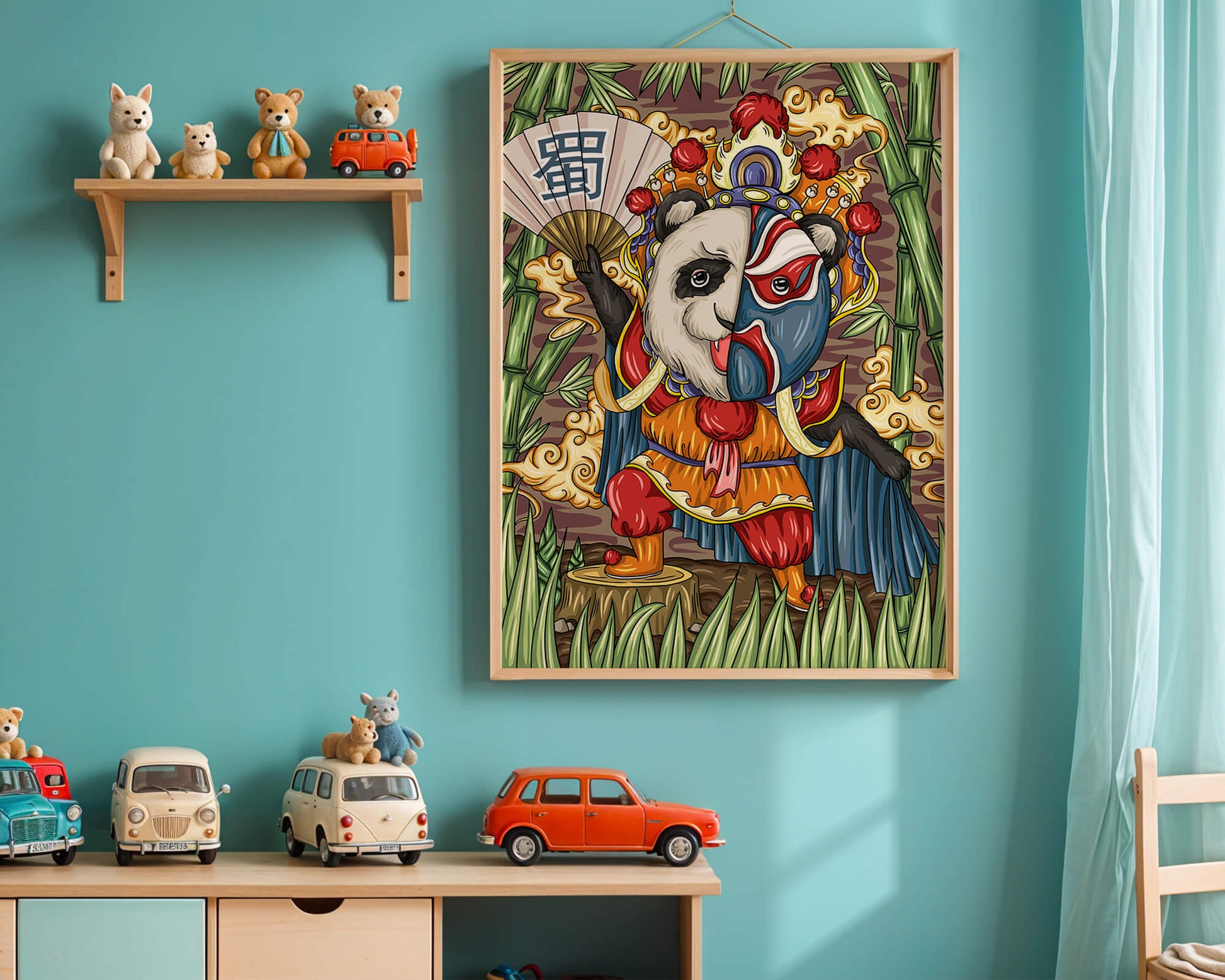 Colorful panda dressed in traditional Chinese opera costume surrounded by bamboo