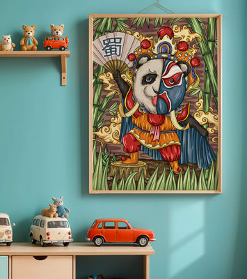 Colorful panda dressed in traditional Chinese opera costume surrounded by bamboo