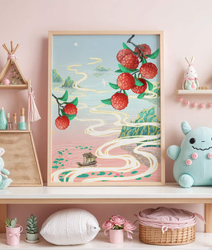 Idyllic Landscape with Lush Lychee Branches and Serene Waterscape