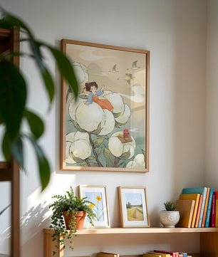 Illustration d'une fille sur des fleurs géantes avec des oiseaux volants et de la nourriture
