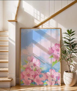 Ilustración de flores rosadas contra un cielo azul vibrante con nubes