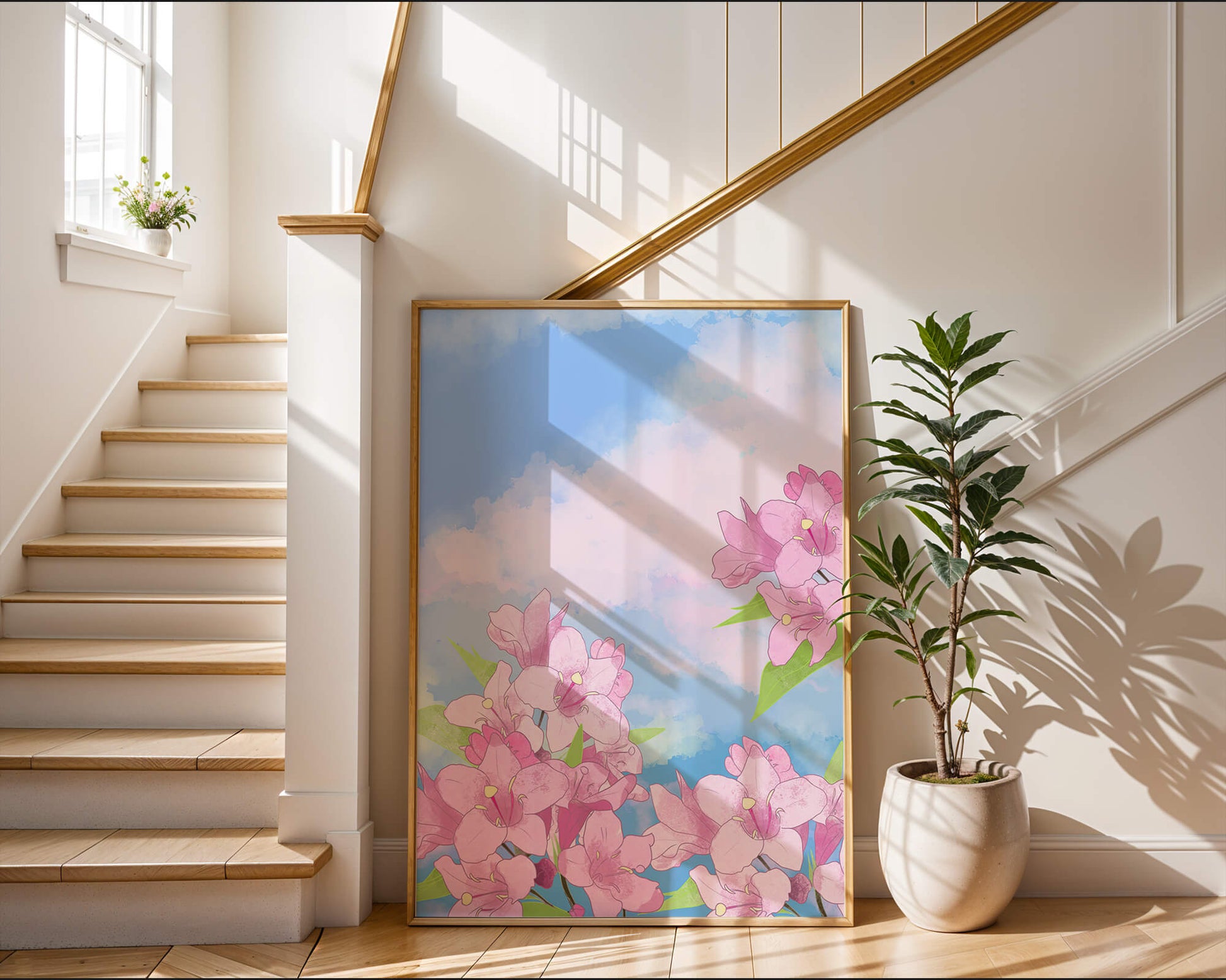 Ilustración de flores rosadas contra un cielo azul vibrante con nubes