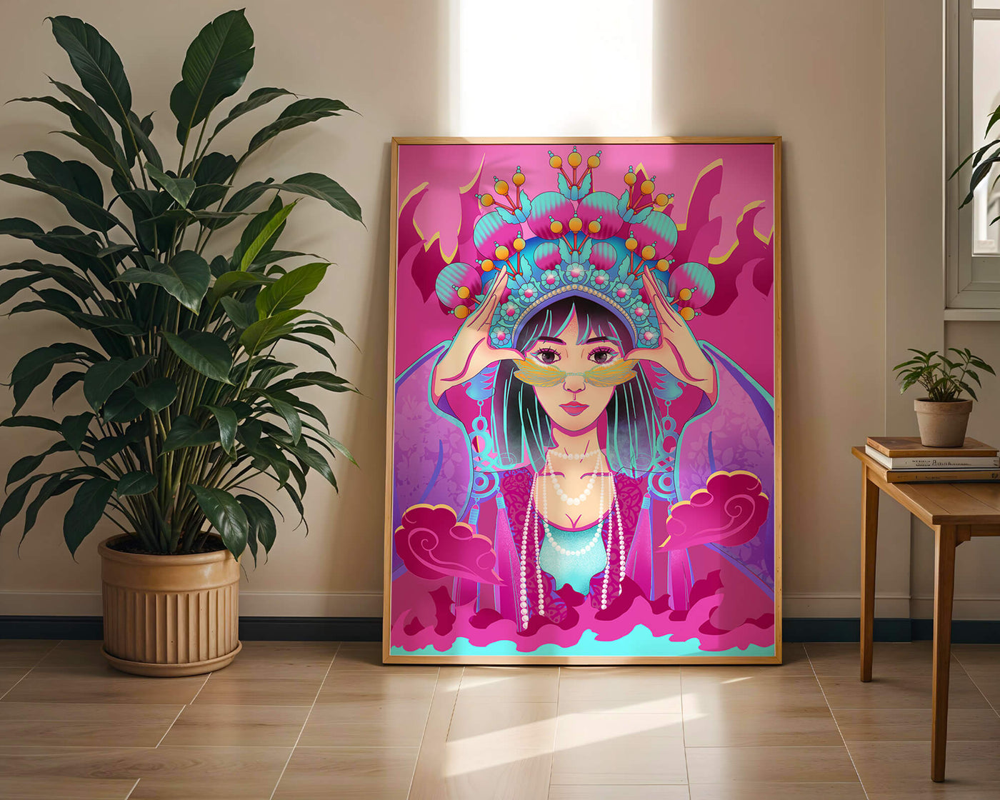 Colorful illustration of a woman in traditional costume with ornate headpiece