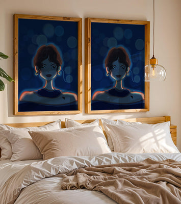 Illustration of a woman with bokeh lights and stylish earrings