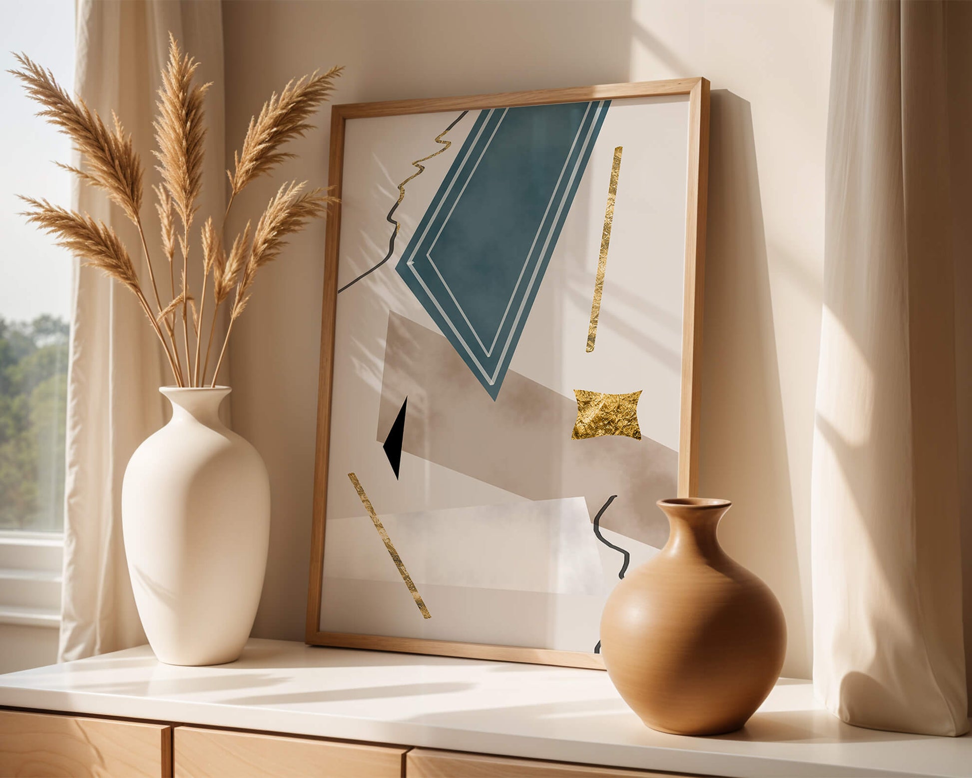 Abstract geometric artwork with gold accents and dynamic shapes