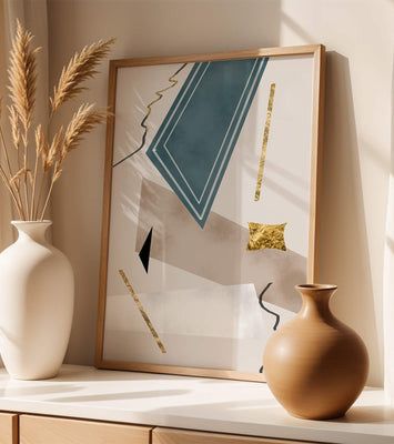 Abstract geometric artwork with gold accents and dynamic shapes