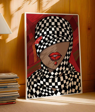 Abstract Art of Woman with Checkered Pattern and Red Lips - Mi tienda