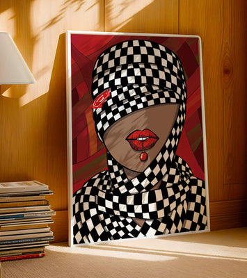 Abstract Art of Woman with Checkered Pattern and Red Lips