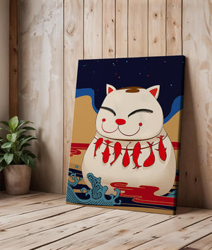 Japanese Lucky Cat with Fish Design in a Surreal Landscape