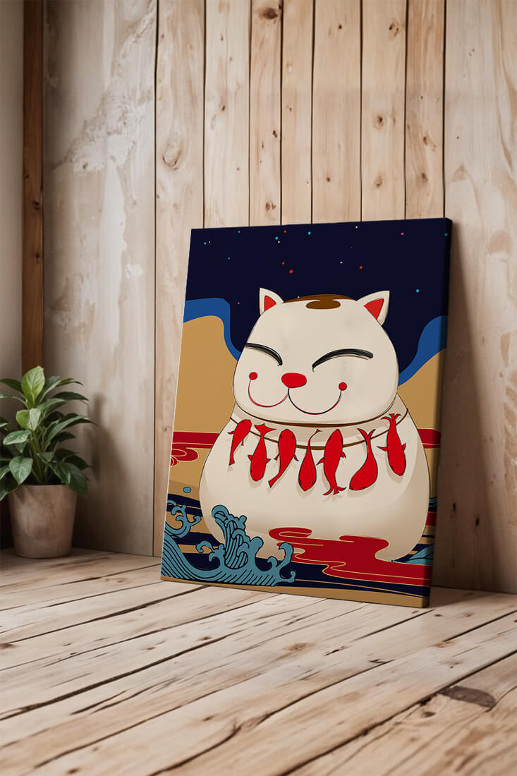 Japanese Lucky Cat with Fish Design in a Surreal Landscape