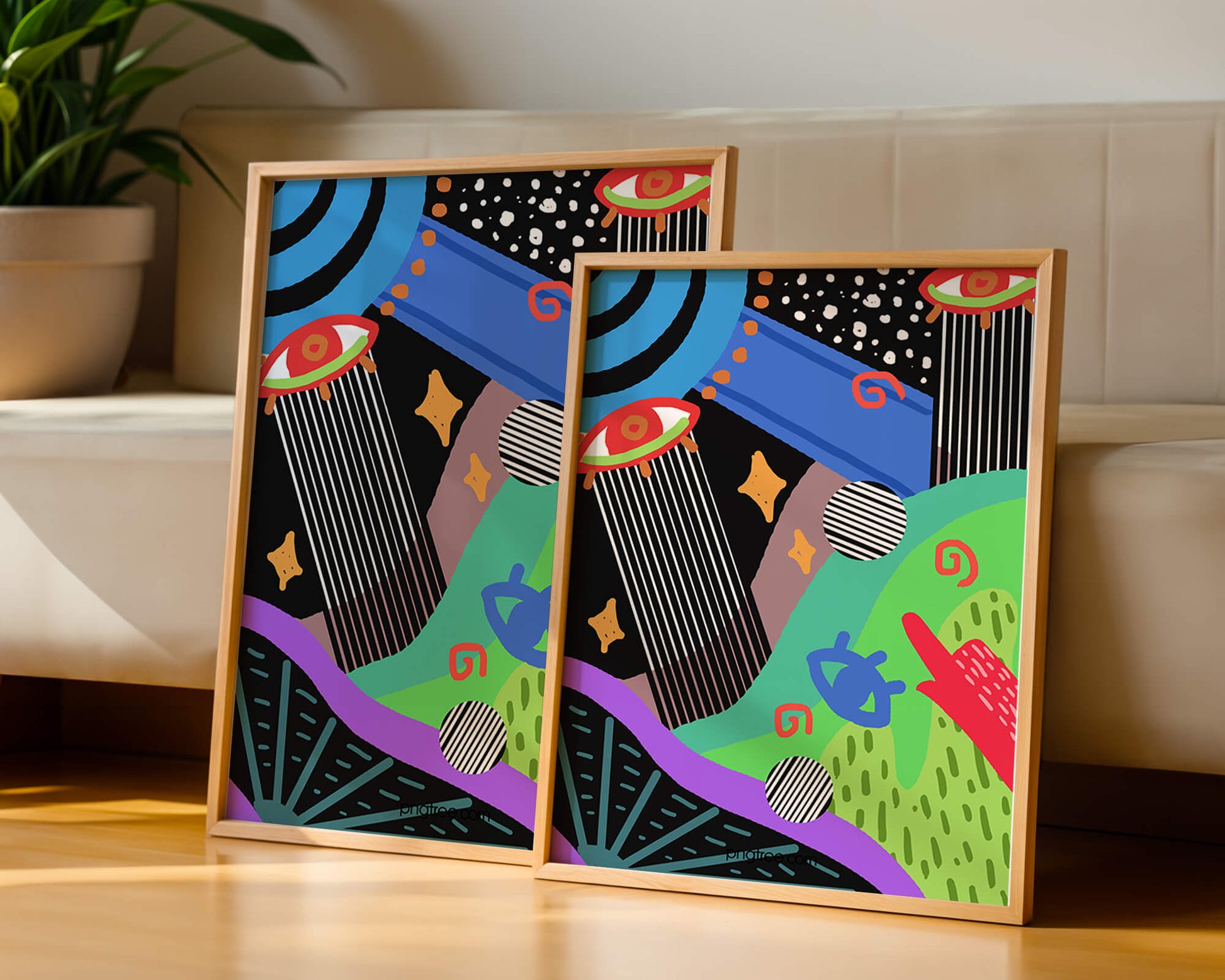 Œuvre d'art psychédélique abstraite colorée avec des formes géométriques et des yeux