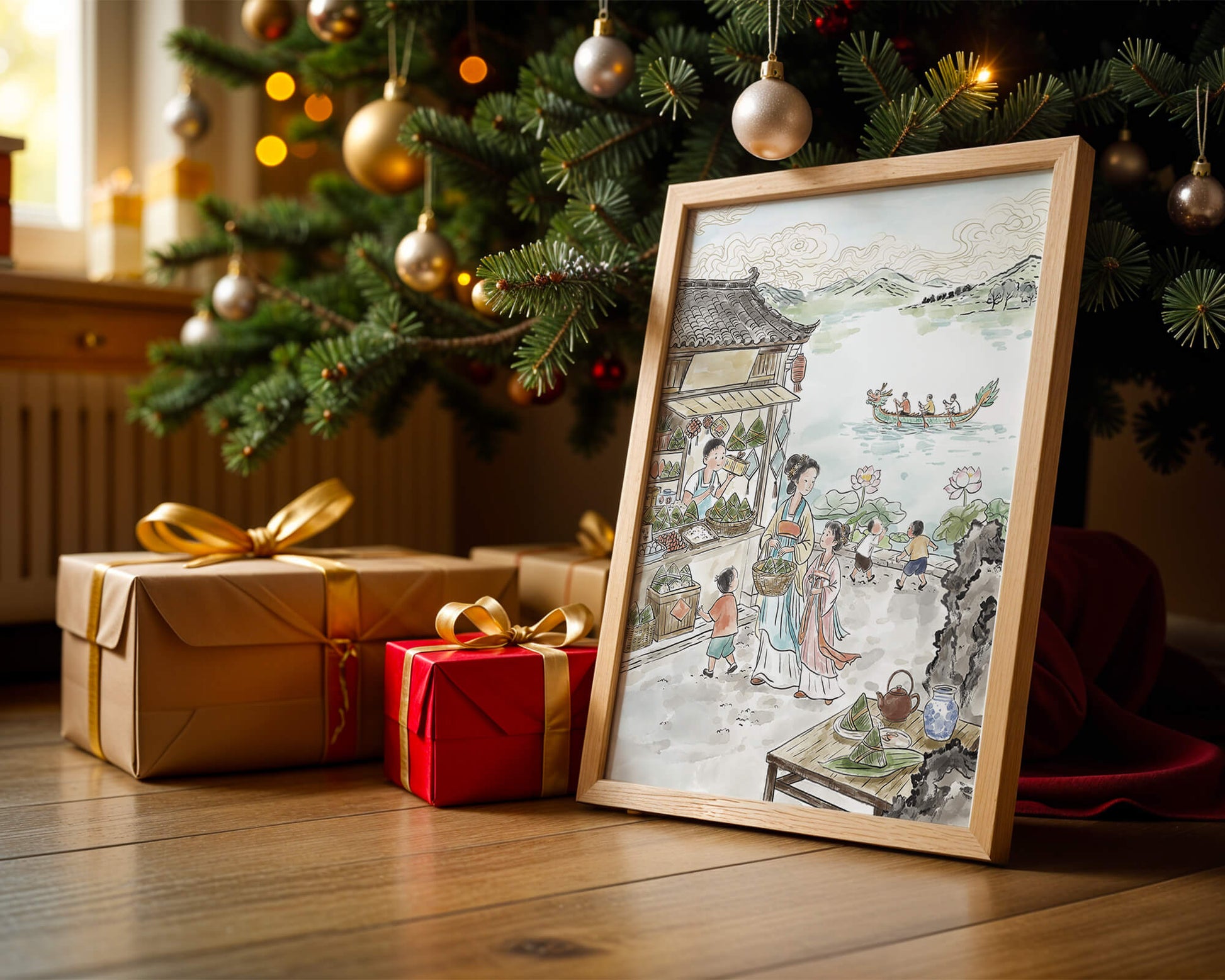 Traditional Chinese Market Scene with Dragon Boat on River