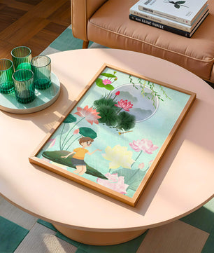 Serene illustration of a child in a lotus garden with vibrant flora