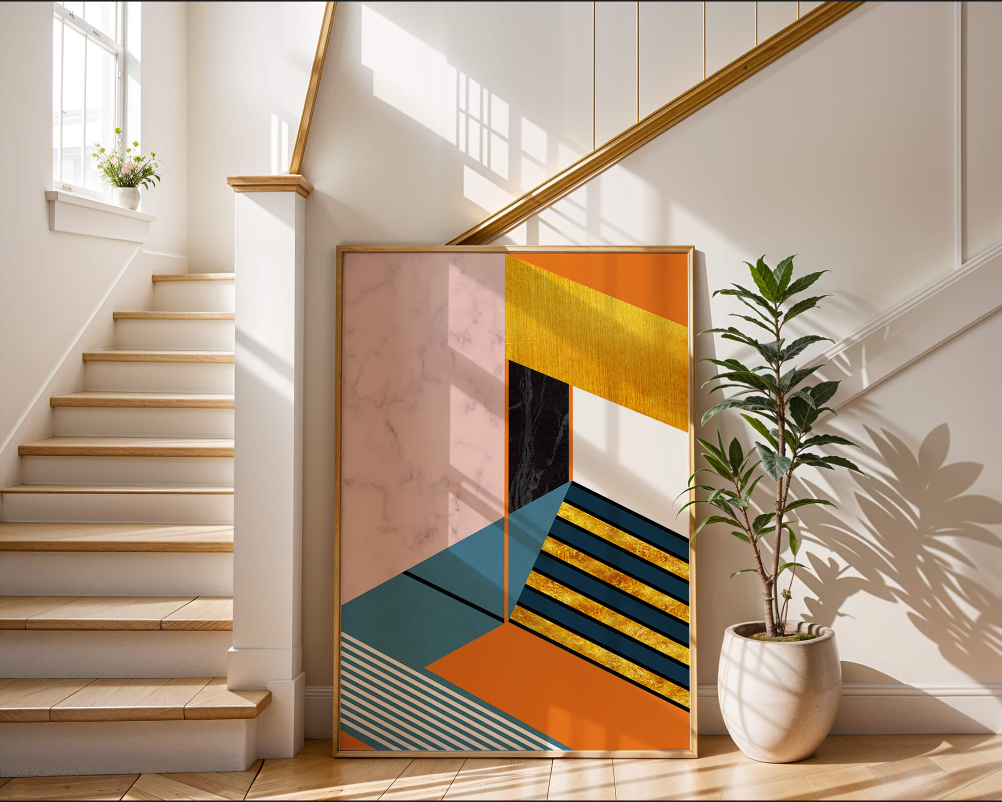 Abstract geometric design with marble and gold textures