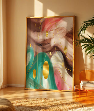 Diseño abstracto de remolinos coloridos con círculos dorados