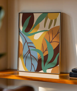 Abstract botanical design with colorful leaves and organic shapes