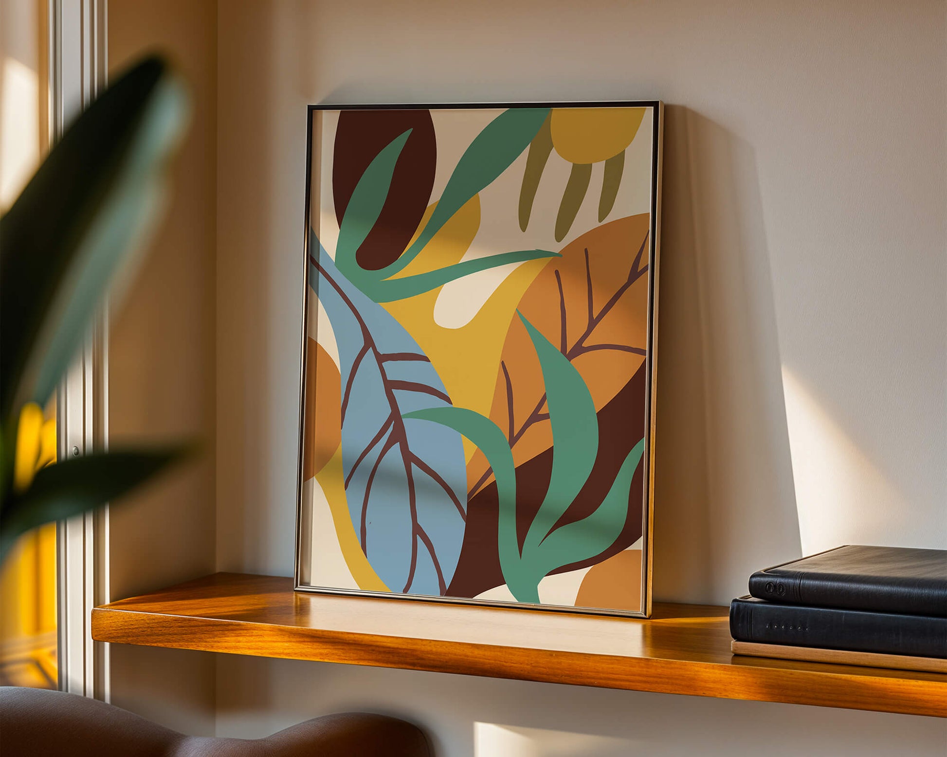 Abstract botanical design with colorful leaves and organic shapes