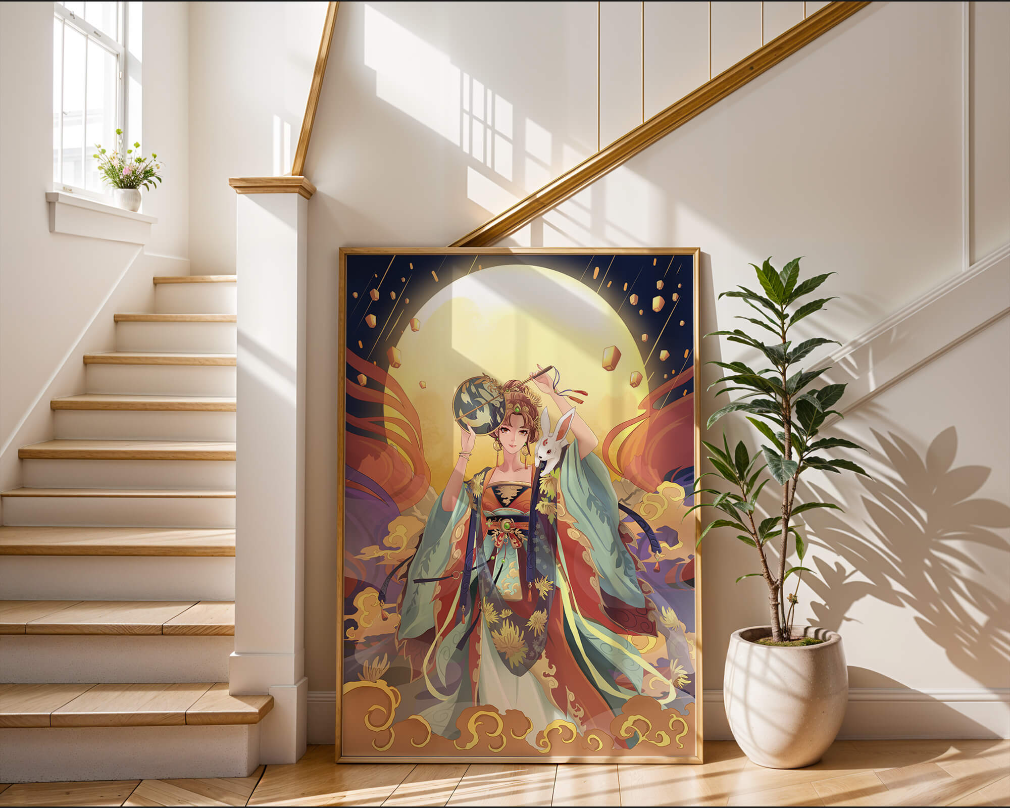 Elegant fantasy illustration with celestial elements and rabbit