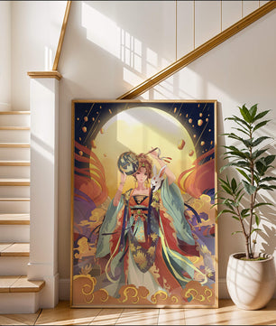 Elegant fantasy illustration with celestial elements and rabbit