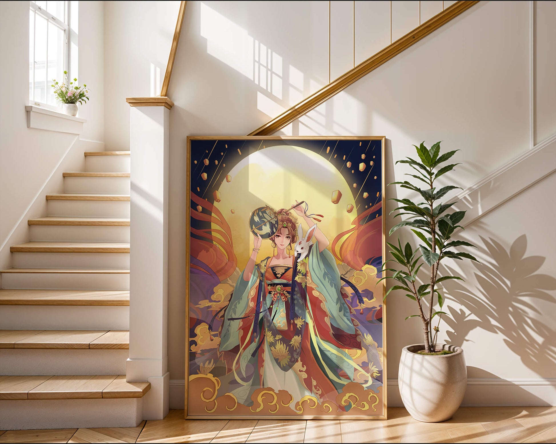 Elegant fantasy illustration with celestial elements and rabbit