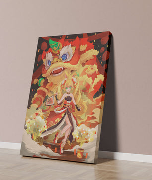 Colorful anime-inspired scene with a lion dance and festive character