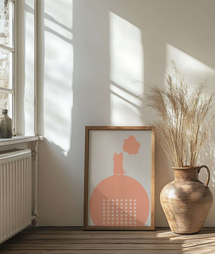 Katzensilhouette mit Ballon auf minimalistischem Kreishintergrund