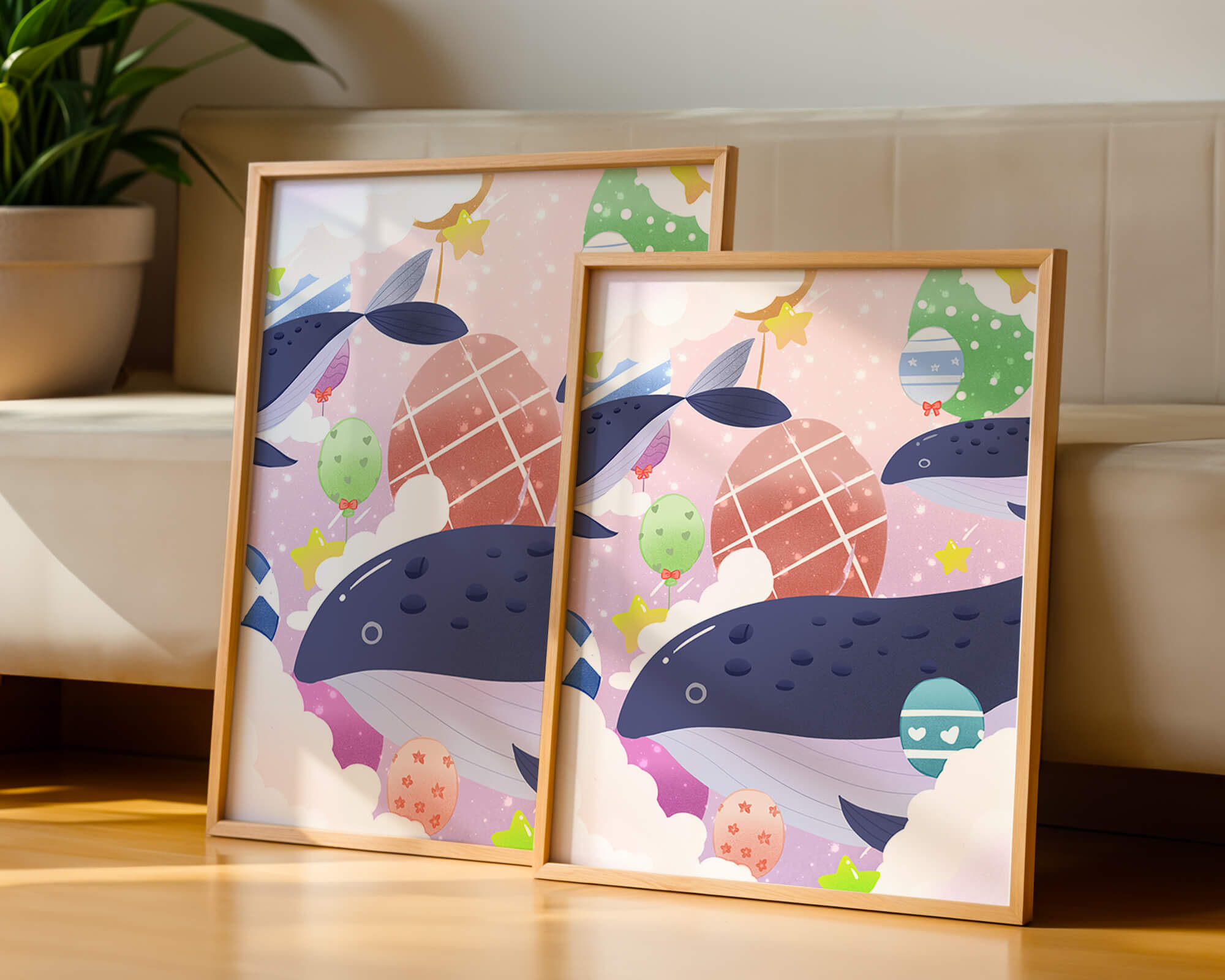 Whimsical illustration of whales and floating stars with colorful eggs