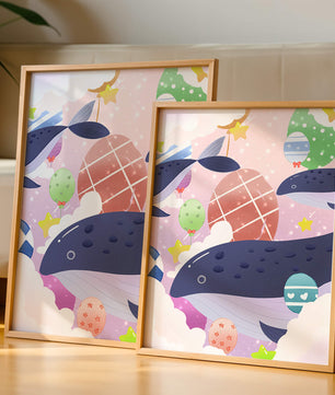 Whimsical illustration of whales and floating stars with colorful eggs