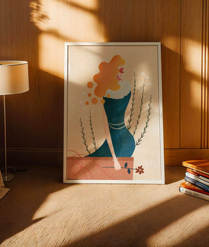Woman with Floral Decor and Flowing Hair in Minimalist Art - Mi tienda
