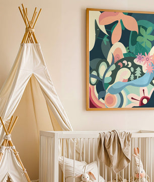 Abstract botanical artwork with vibrant colors and natural elements