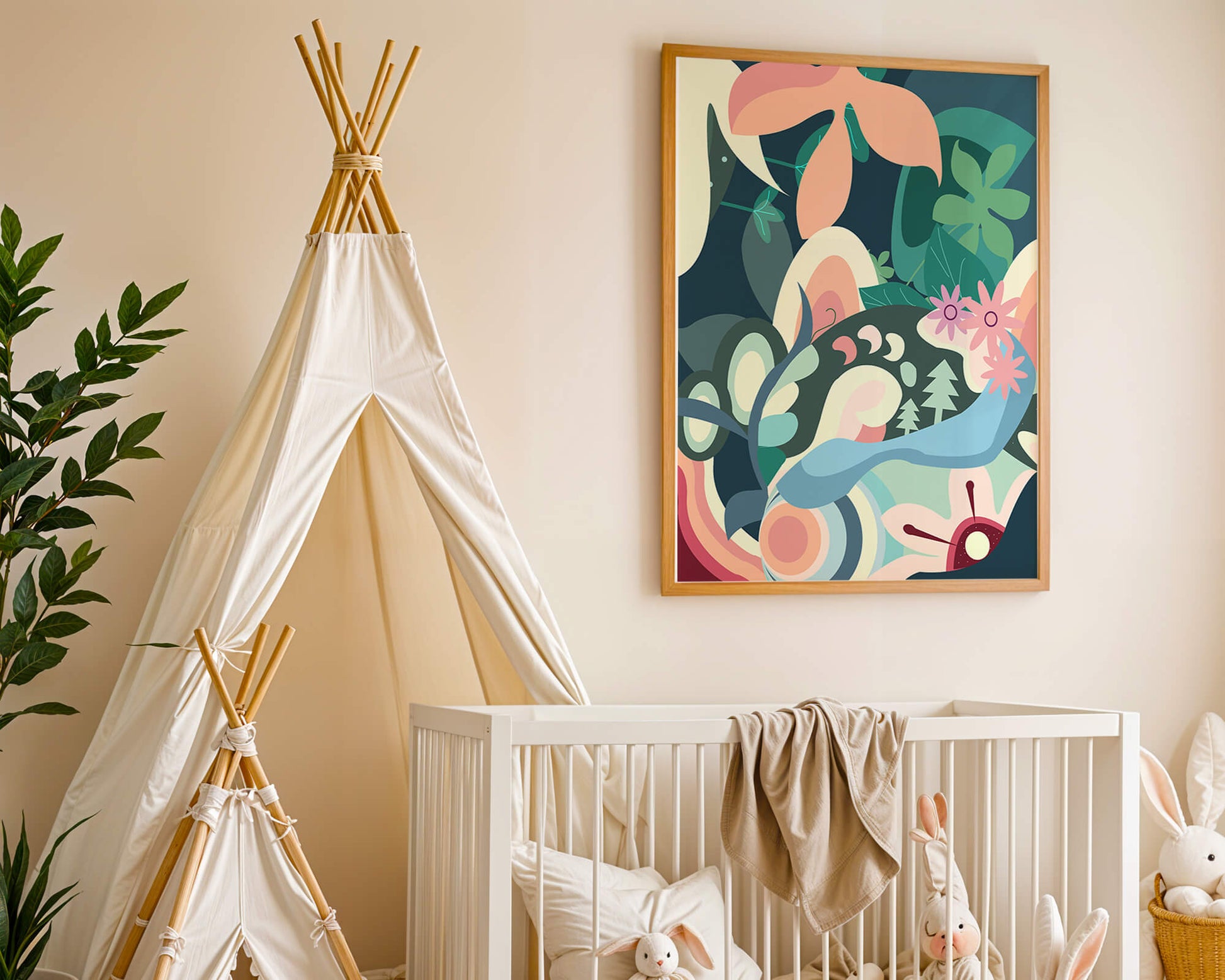 Abstract botanical artwork with vibrant colors and natural elements