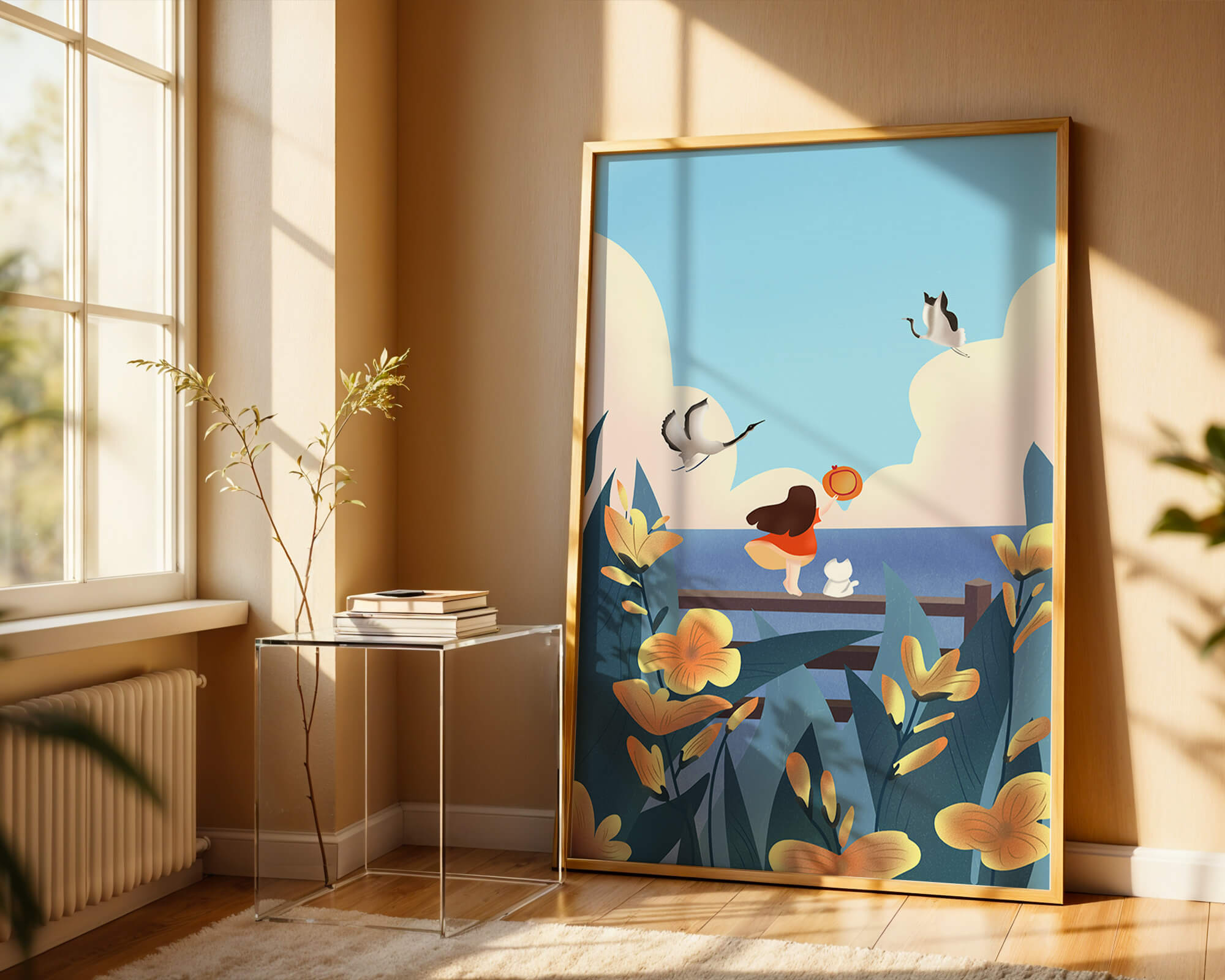 Serene seaside scene with girl, cat, and birds in nature