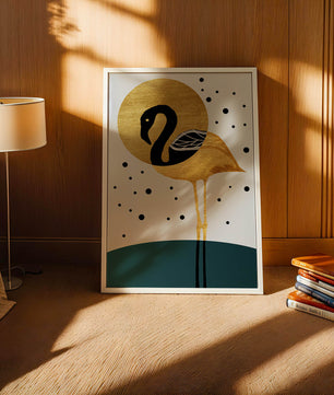 Ilustración elegante de flamenco dorado y negro con elementos de puntos abstractos