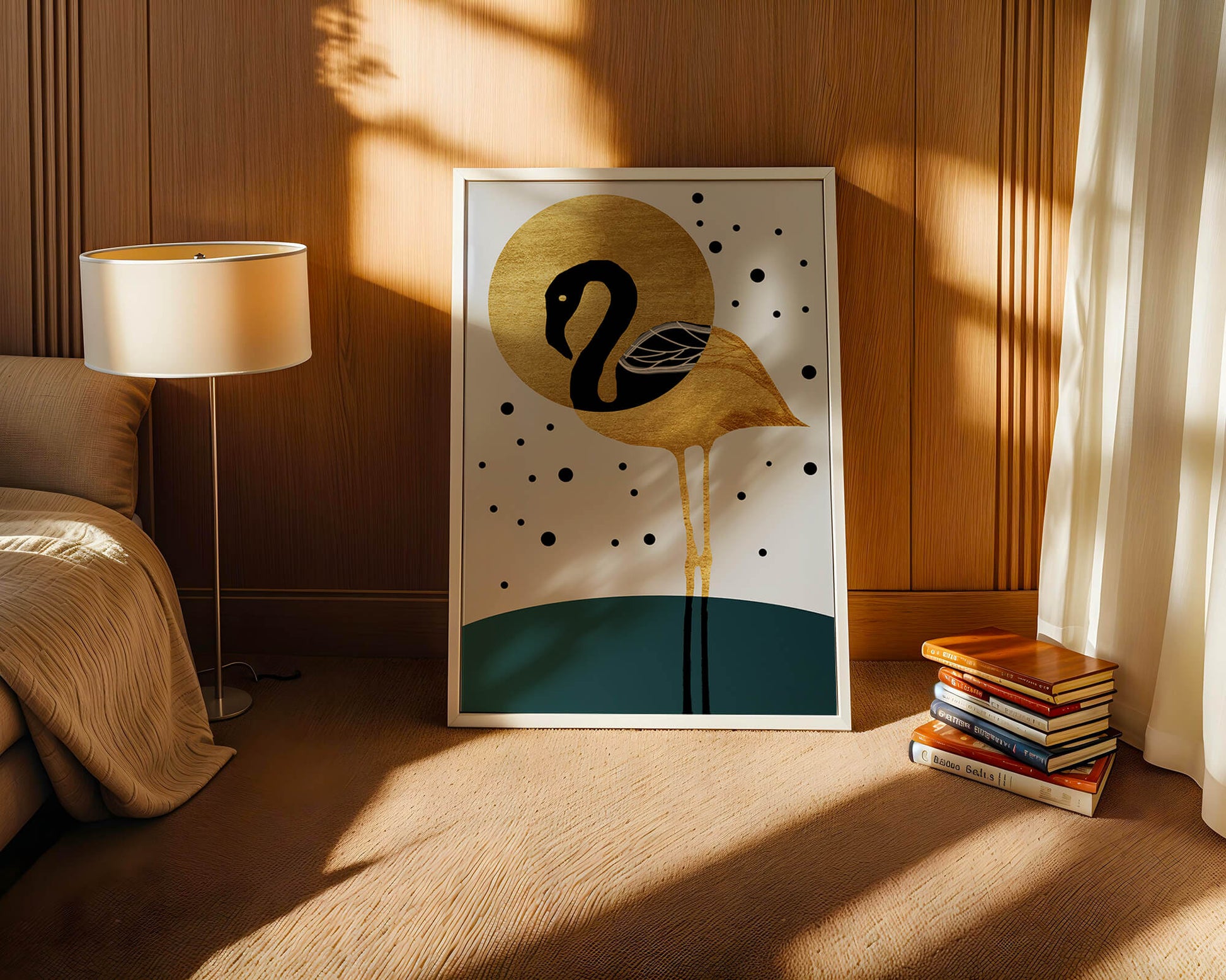 Elegante ilustración de flamenco dorado y negro con elementos de puntos abstractos
