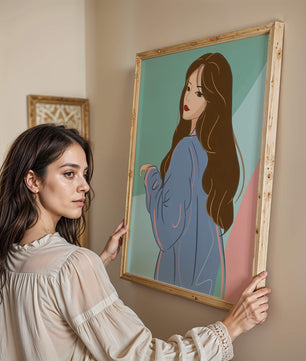 Illustration of woman with long hair and blue jacket