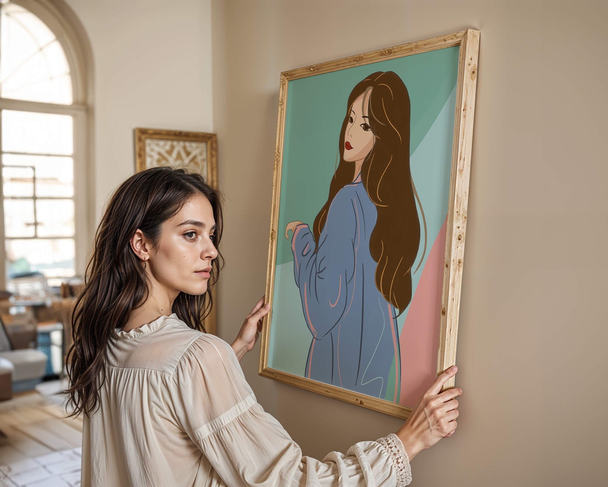 Illustration of woman with long hair and blue jacket