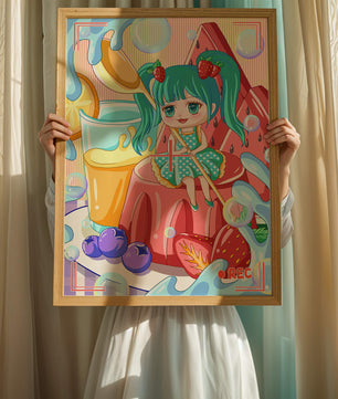 Scène de dessert fantaisiste avec un personnage mignon et des couleurs vives