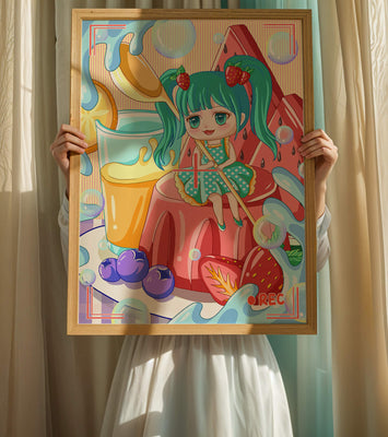 Whimsical dessert scene with cute character and vibrant colors