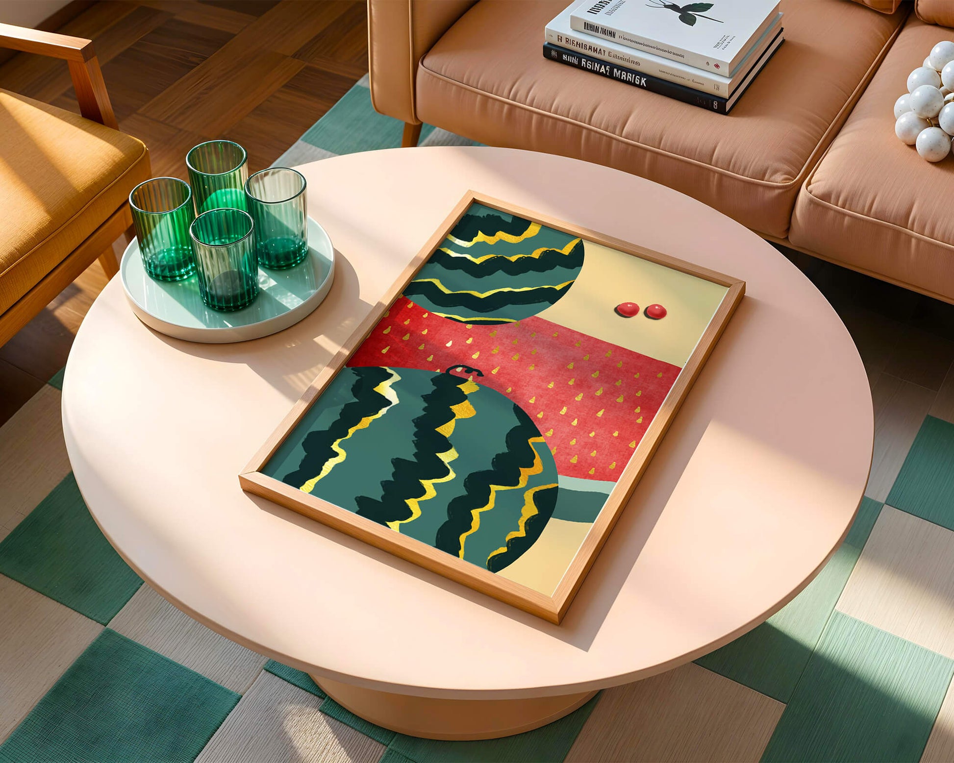 Arte abstracto vibrante de sandía con reflejos dorados