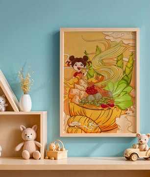 Ilustración colorida de un niño disfrutando de un tazón de fideos con verduras