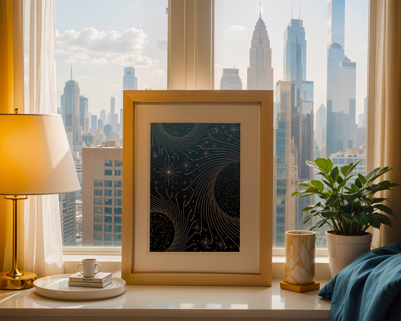 Elegant starry night with golden cosmic swirls